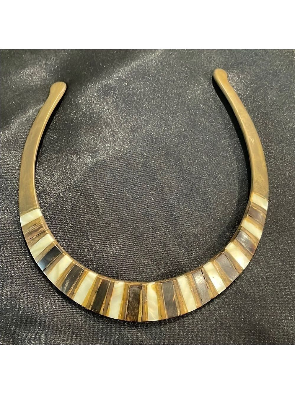 Vintage Mother of Pearl and Stone Inlay Brass Collar Necklace